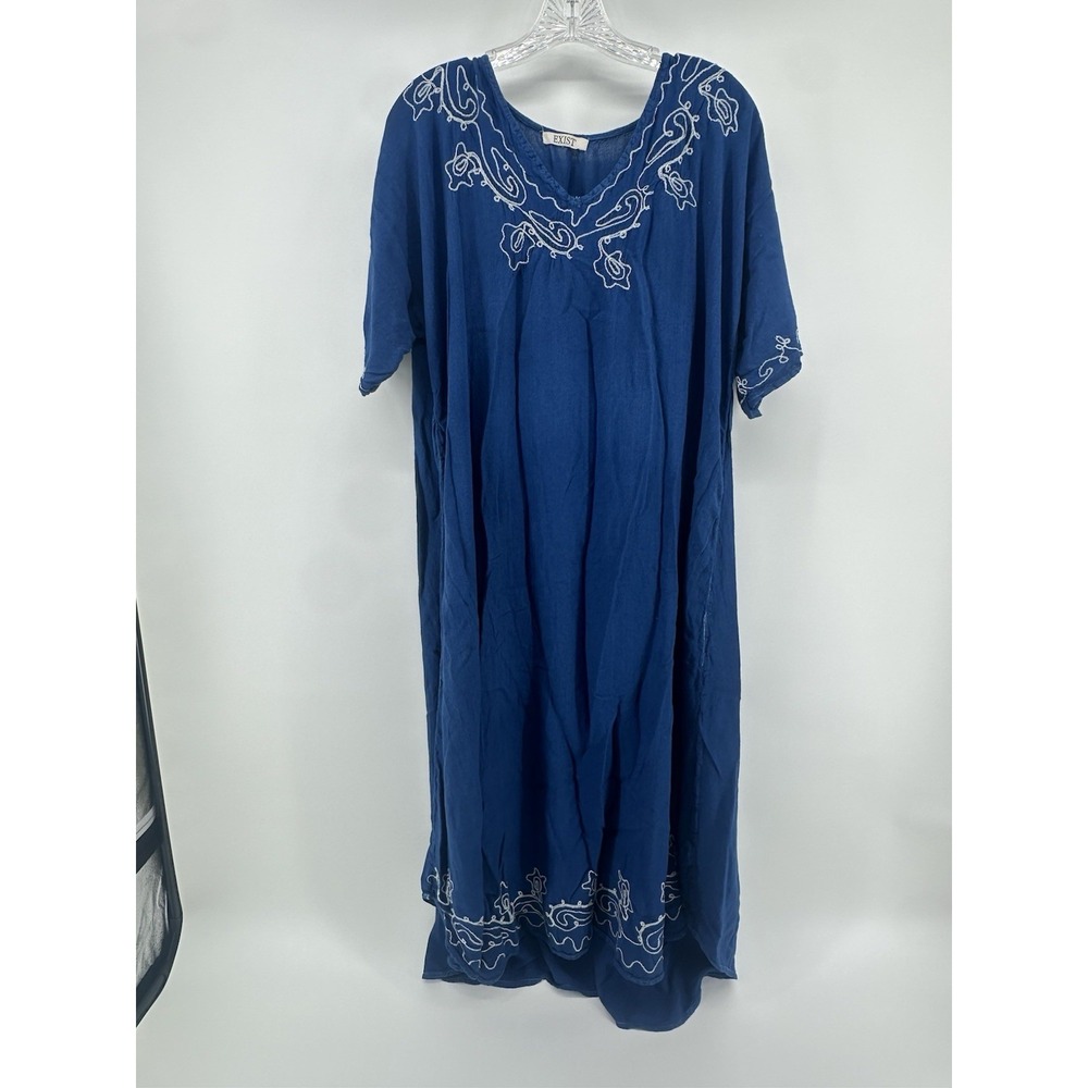 Blue Embroidered Boho Midi Dress Womens Loose Fit Caftan Peasant Beachy Flowy - Picture 2 of 9